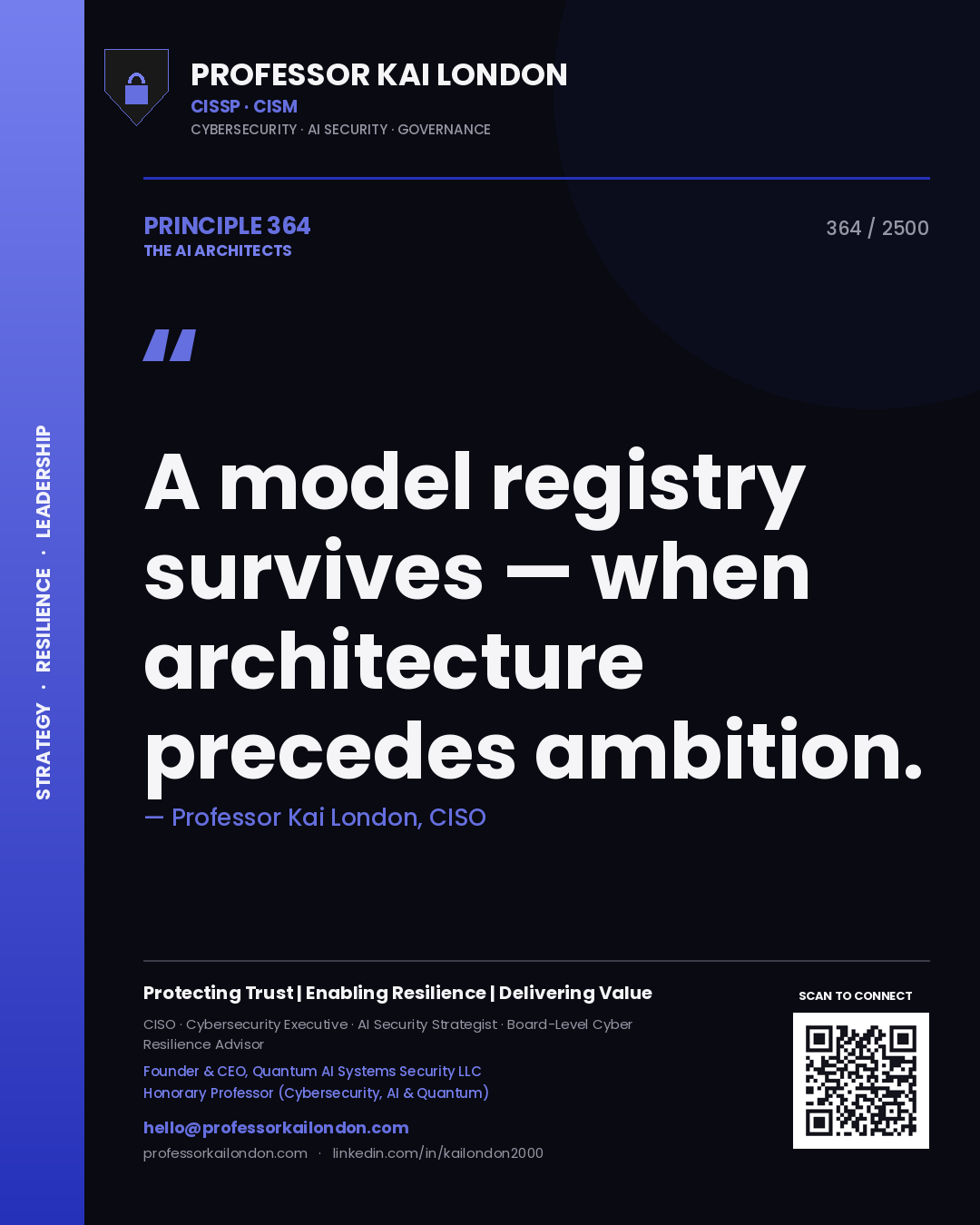 Quote card by Professor Kai London reading 'A model registry survives — when architecture precedes ambition.'. From the book The AI Architects.