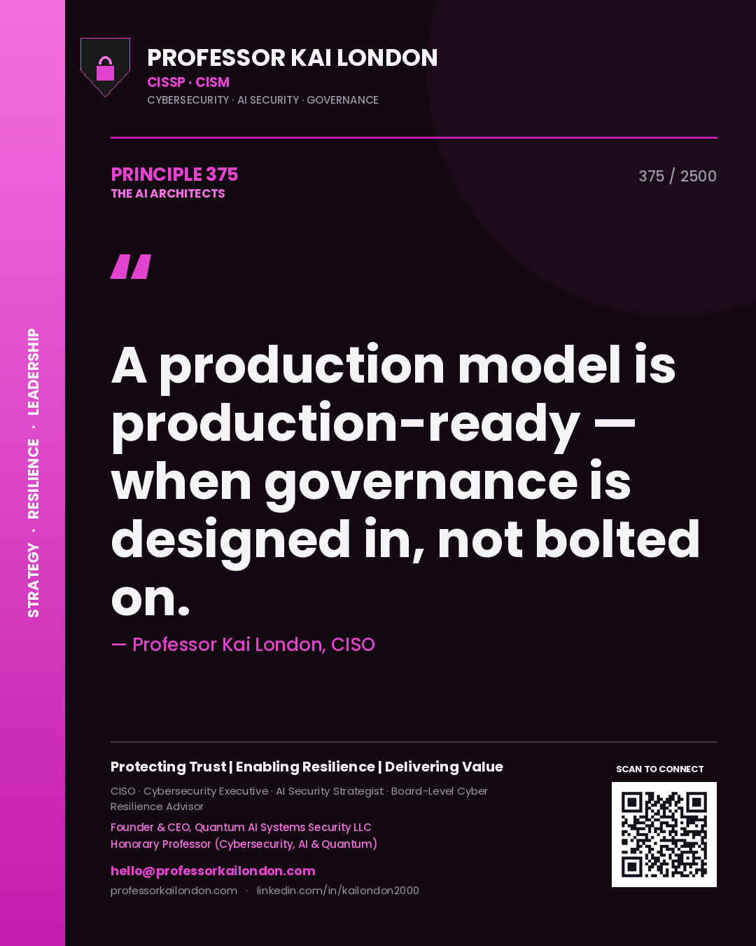 Quote card by Professor Kai London reading 'A production model is production-ready — when governance is designed in, not bolted on.'. From the book The AI Architects.