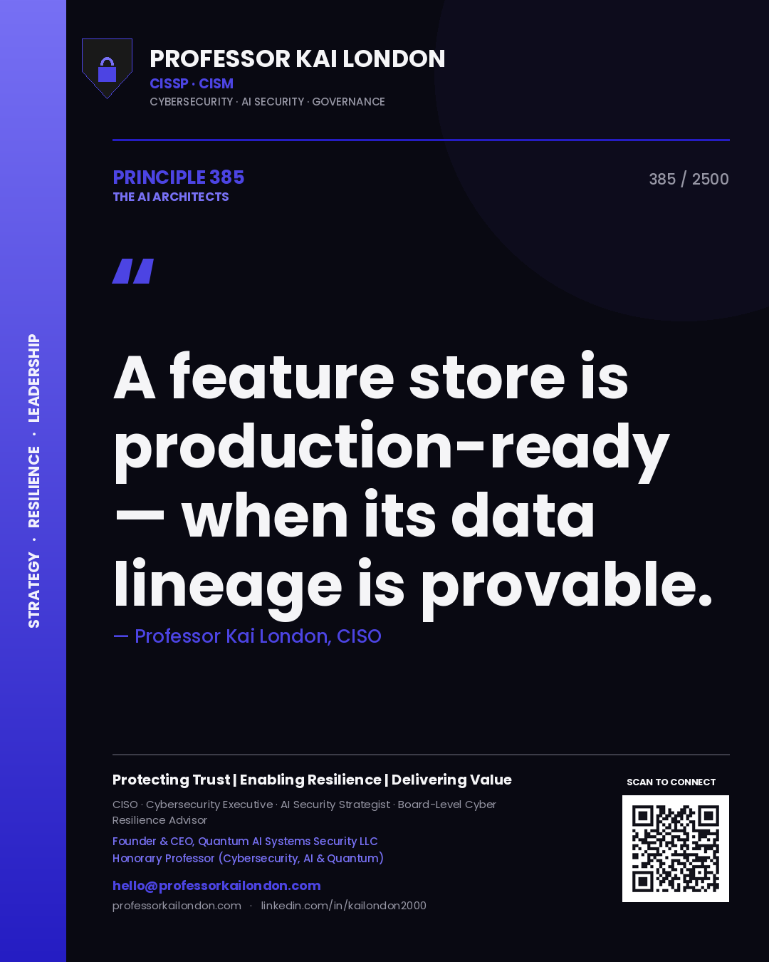 Quote card by Professor Kai London reading 'A feature store is production-ready — when its data lineage is provable.'. From the book The AI Architects.