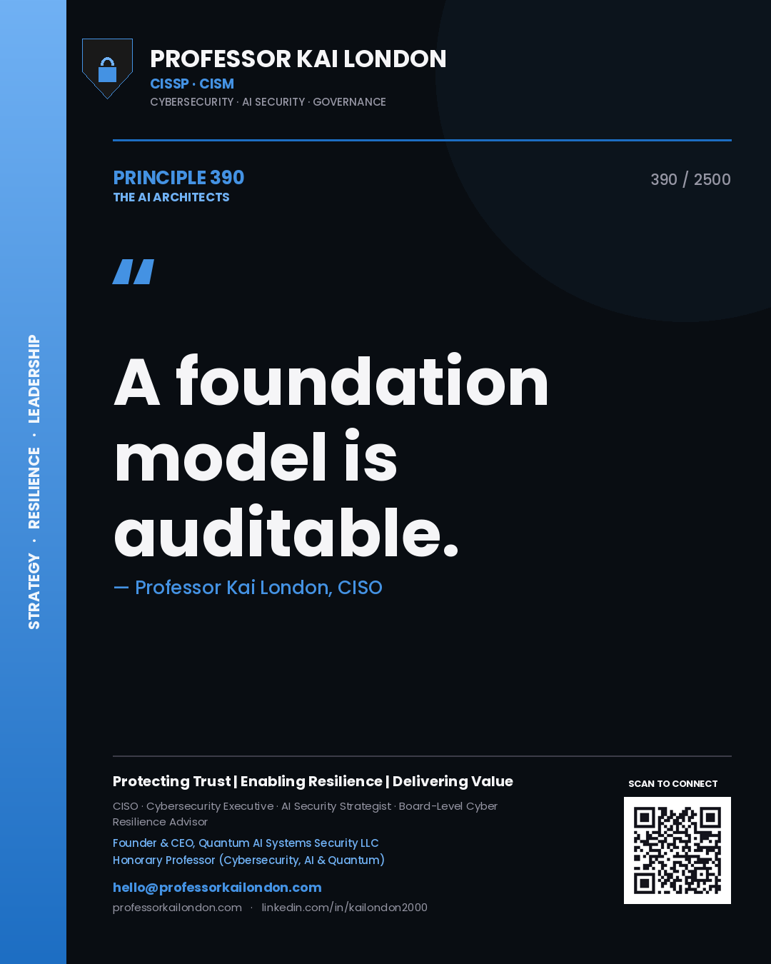 Quote card by Professor Kai London reading 'A foundation model is auditable.'. From the book The AI Architects.