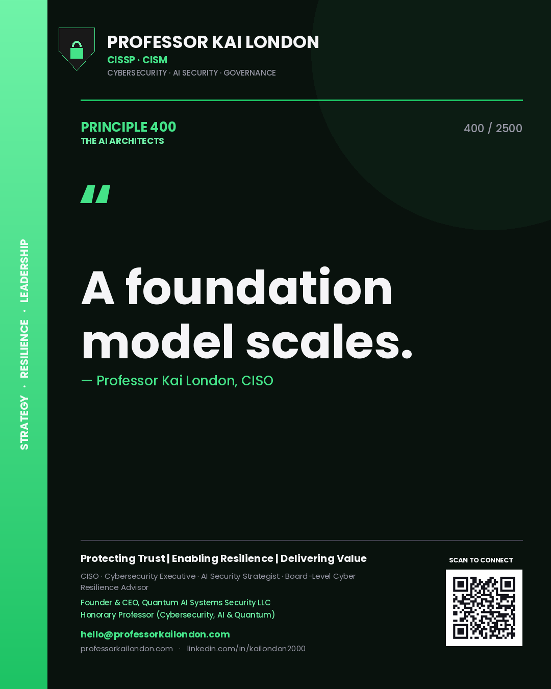 Quote card by Professor Kai London reading 'A foundation model scales.'. From the book The AI Architects.