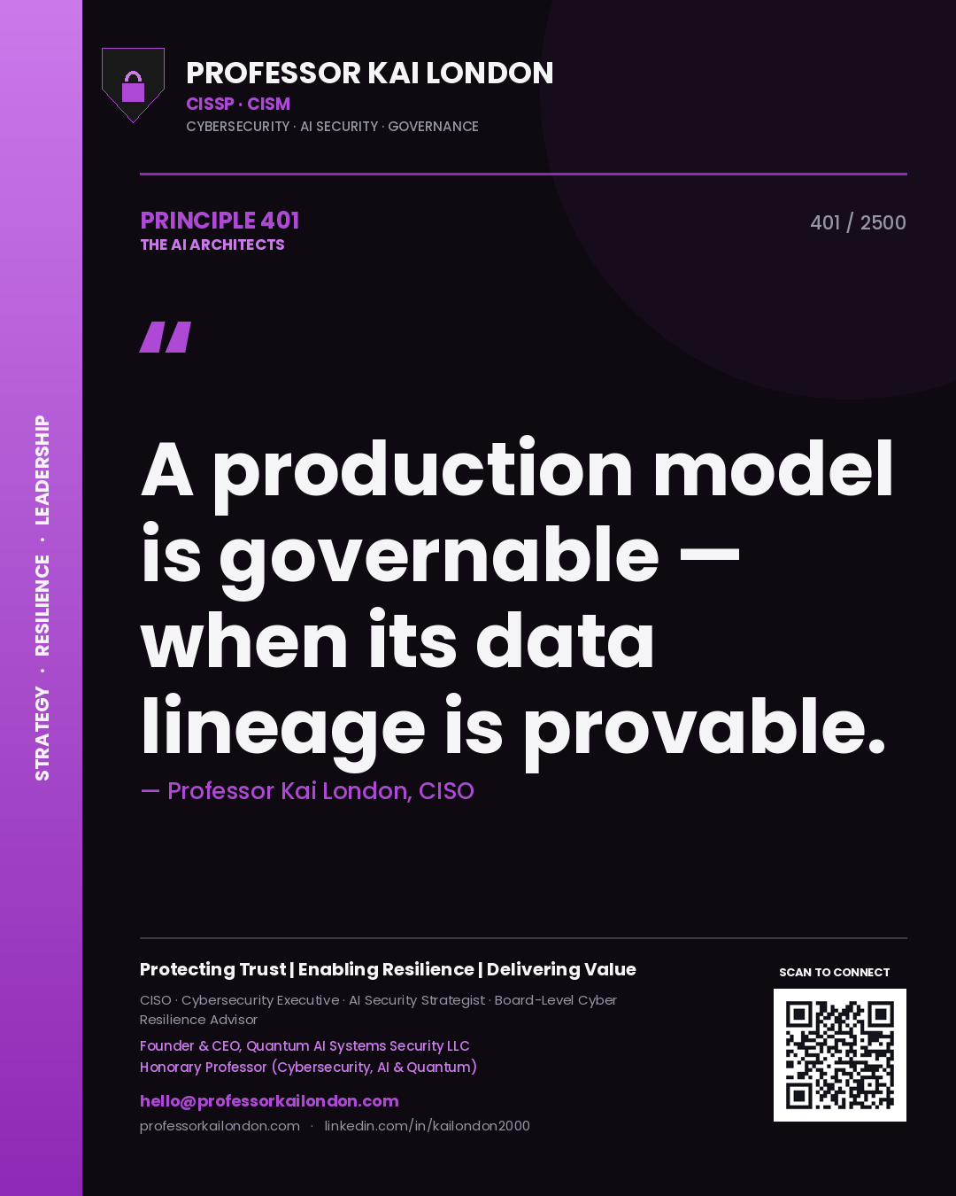 Professor Kai London principle 401: A production model is governable — when its data lineage is provable.