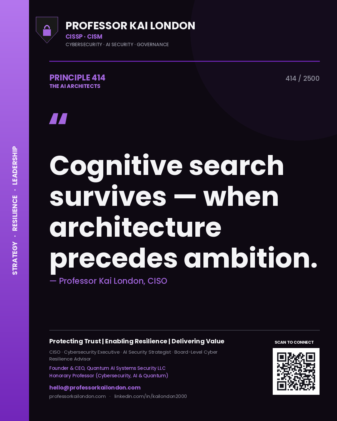 Quote card by Professor Kai London reading 'Cognitive search survives — when architecture precedes ambition.'. From the book The AI Architects.