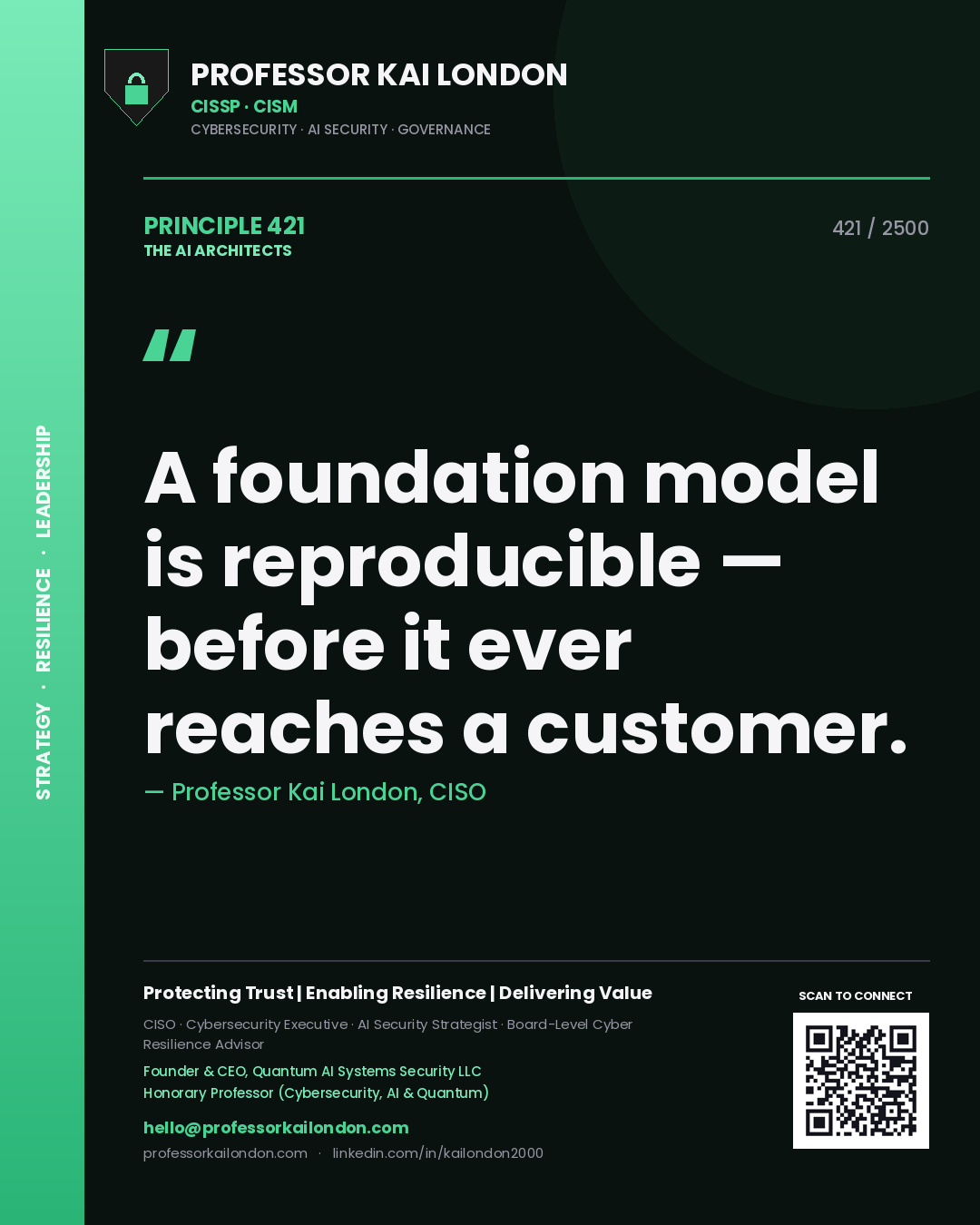 Quote card by Professor Kai London reading 'A foundation model is reproducible — before it ever reaches a customer.'. From the book The AI Architects.