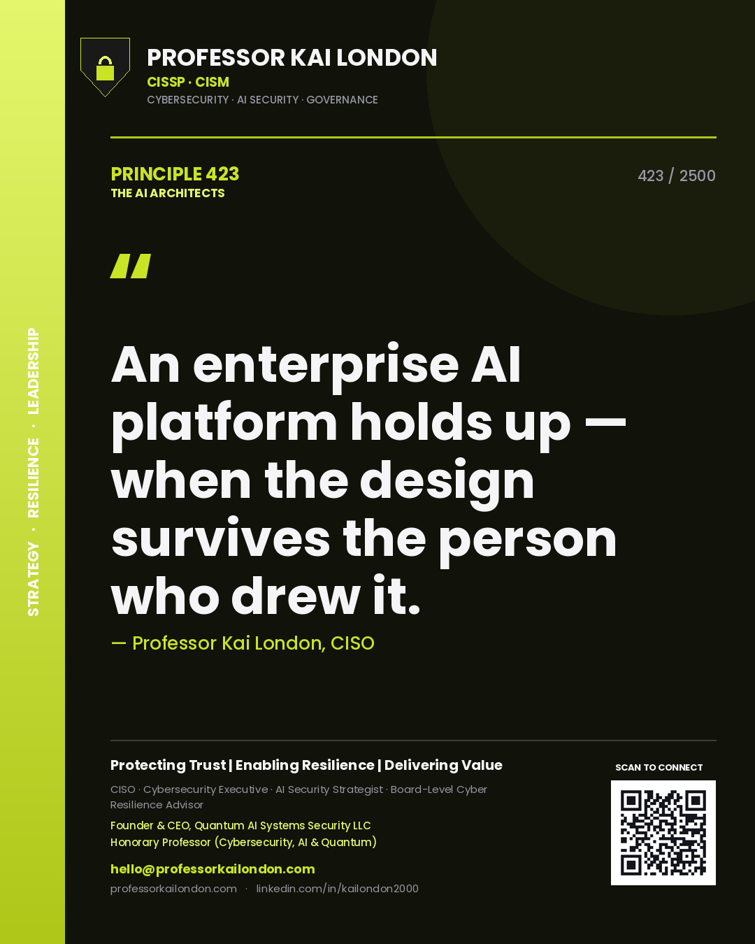Professor Kai London principle 423: An enterprise AI platform holds up — when the design survives the person who drew it.