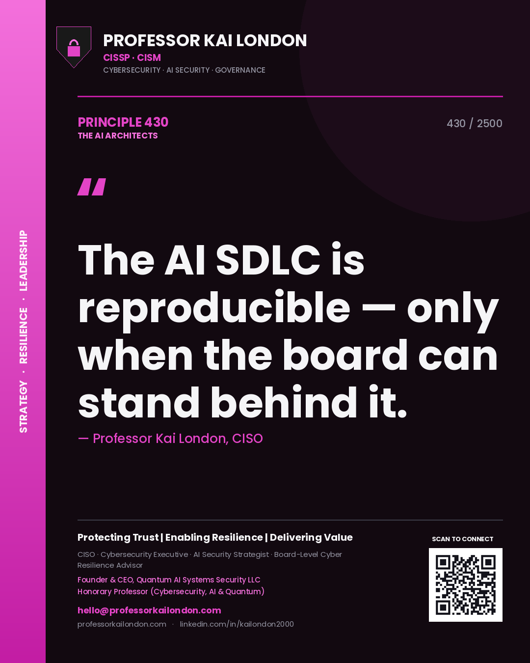 Professor Kai London principle 430: The AI SDLC is reproducible — only when the board can stand behind it.