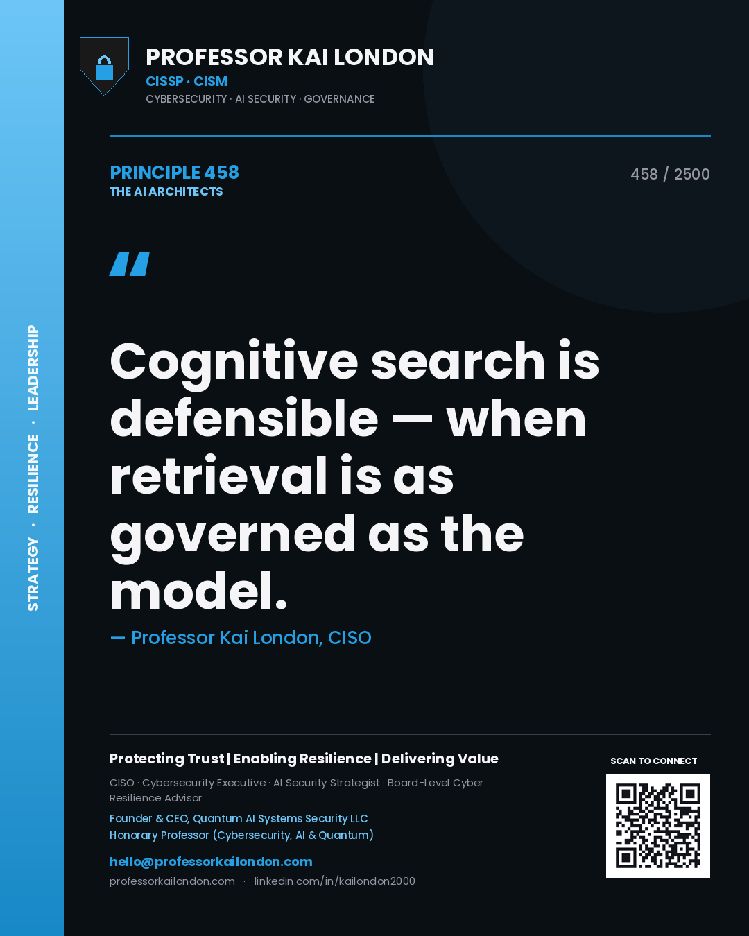 Quote card by Professor Kai London reading 'Cognitive search is defensible — when retrieval is as governed as the model.'. From the book The AI Architects.