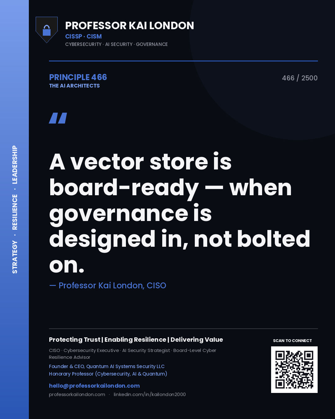 Quote card by Professor Kai London reading 'A vector store is board-ready — when governance is designed in, not bolted on.'. From the book The AI Architects.