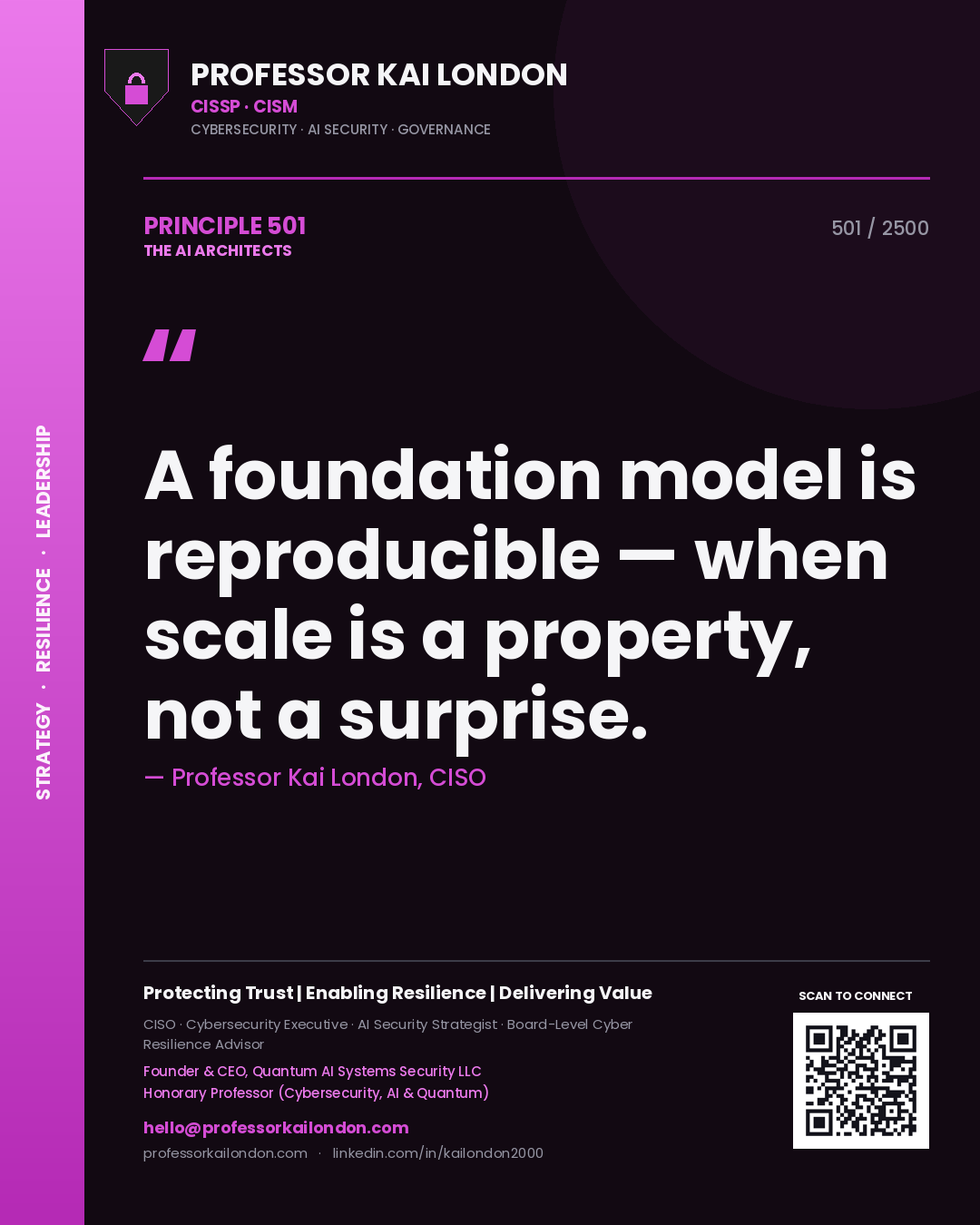 Quote card by Professor Kai London reading 'A foundation model is reproducible — when scale is a property, not a surprise.'. From the book The AI Architects.