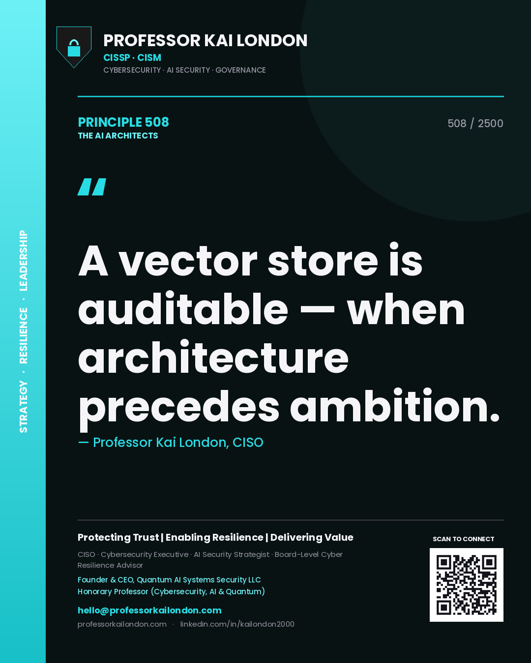 Quote card by Professor Kai London reading 'A vector store is auditable — when architecture precedes ambition.'. From the book The AI Architects.