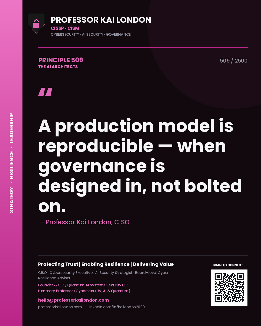Quote card by Professor Kai London reading 'A production model is reproducible — when governance is designed in, not bolted on.'. From the book The AI Architects.