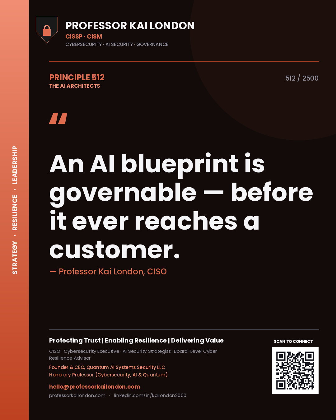Quote card by Professor Kai London reading 'An AI blueprint is governable — before it ever reaches a customer.'. From the book The AI Architects.