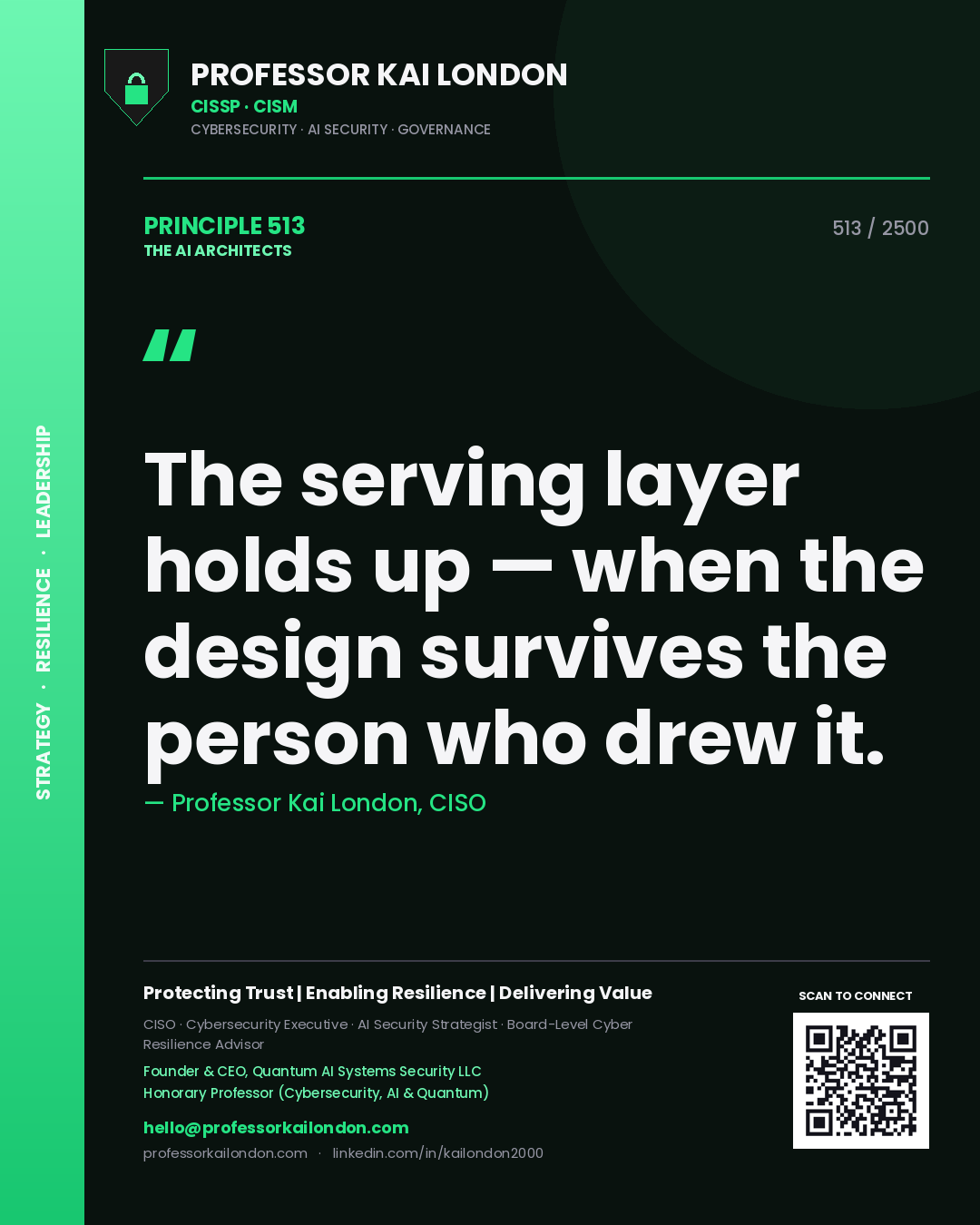Quote card by Professor Kai London reading 'The serving layer holds up — when the design survives the person who drew it.'. From the book The AI Architects.