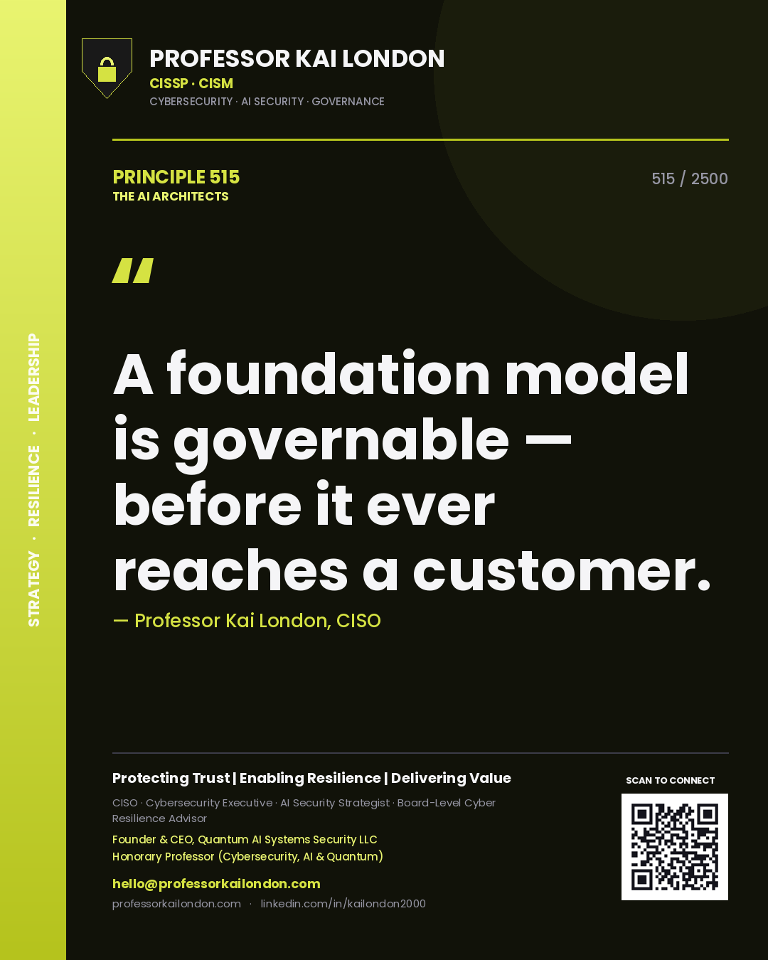 Quote card by Professor Kai London reading 'A foundation model is governable — before it ever reaches a customer.'. From the book The AI Architects.