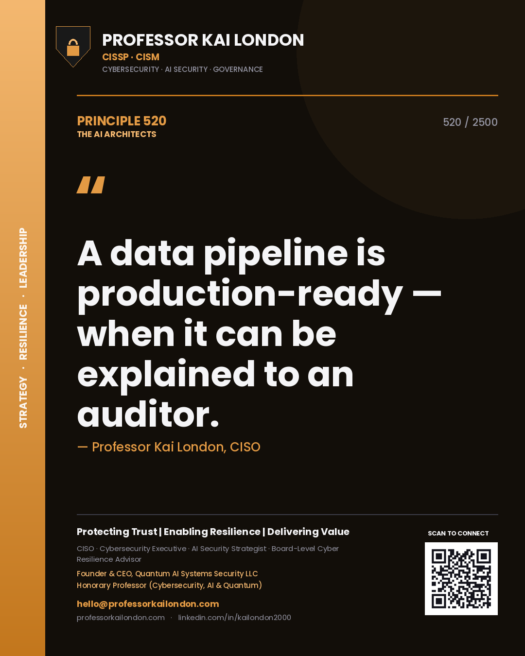 Quote card by Professor Kai London reading 'A data pipeline is production-ready — when it can be explained to an auditor.'. From the book The AI Architects.