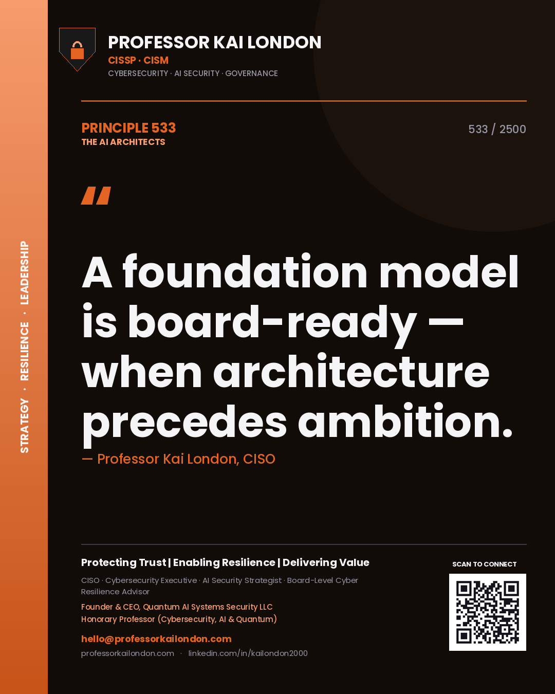 Quote card by Professor Kai London reading 'A foundation model is board-ready — when architecture precedes ambition.'. From the book The AI Architects.
