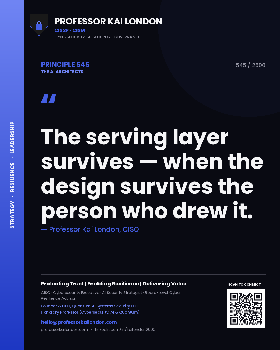 Quote card by Professor Kai London reading 'The serving layer survives — when the design survives the person who drew it.'. From the book The AI Architects.