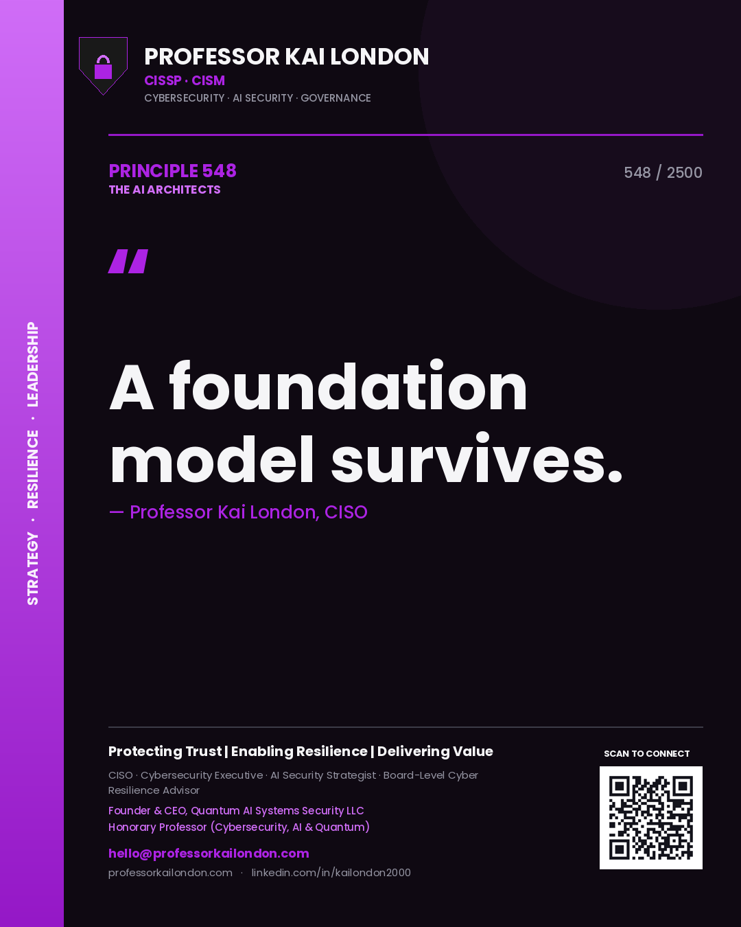 Quote card by Professor Kai London reading 'A foundation model survives.'. From the book The AI Architects.