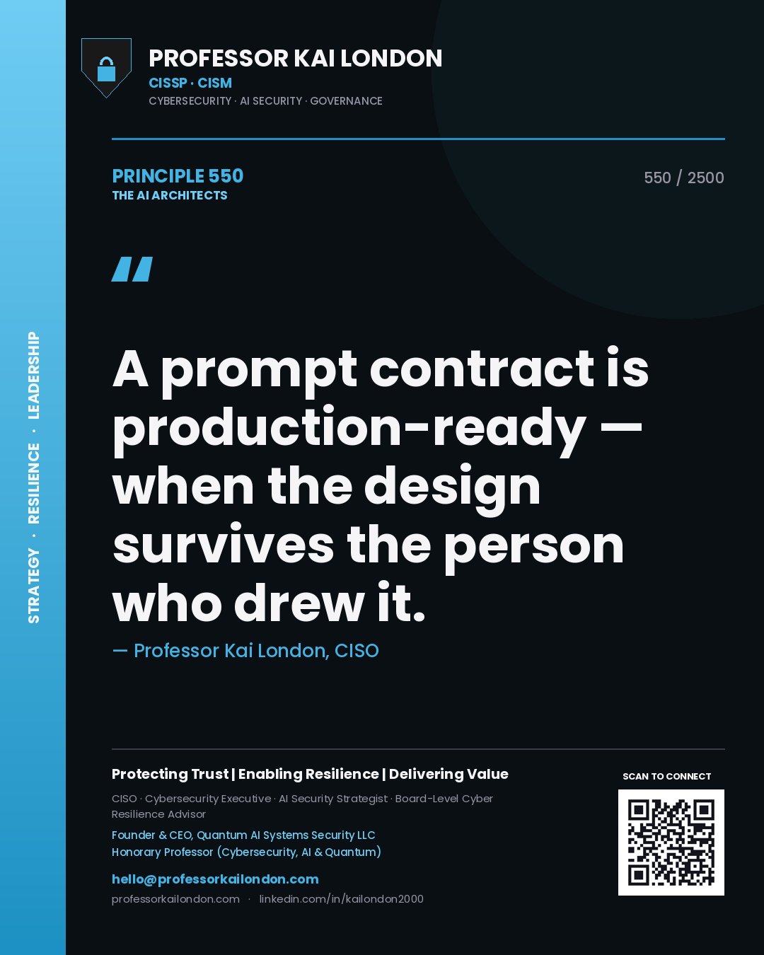Quote card by Professor Kai London reading 'A prompt contract is production-ready — when the design survives the person who drew it.'. From the book The AI Architects.