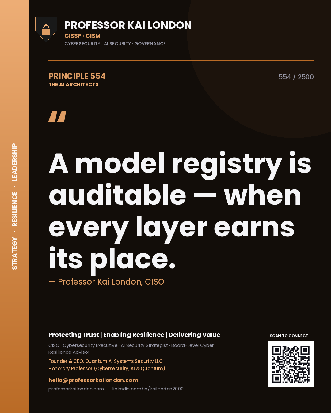 Quote card by Professor Kai London reading 'A model registry is auditable — when every layer earns its place.'. From the book The AI Architects.
