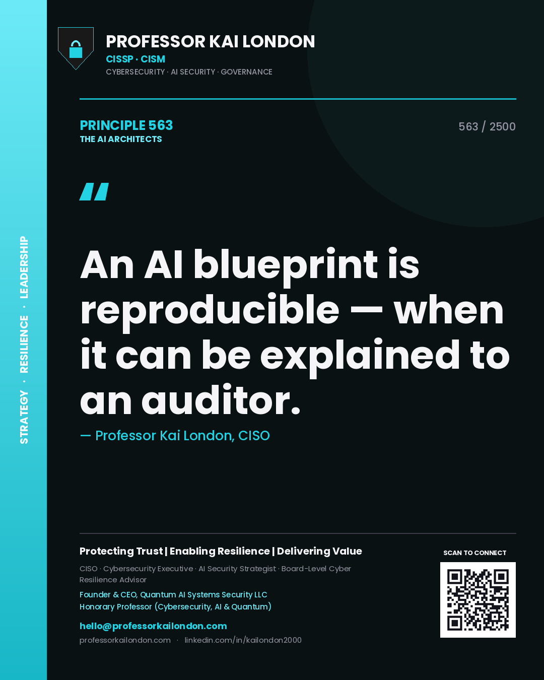 Quote card by Professor Kai London reading 'An AI blueprint is reproducible — when it can be explained to an auditor.'. From the book The AI Architects.