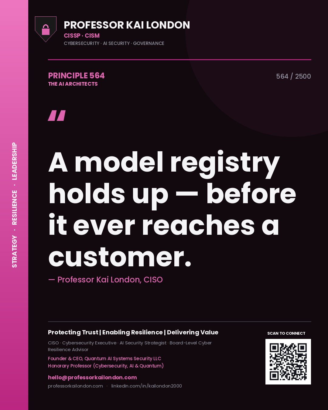 Quote card by Professor Kai London reading 'A model registry holds up — before it ever reaches a customer.'. From the book The AI Architects.