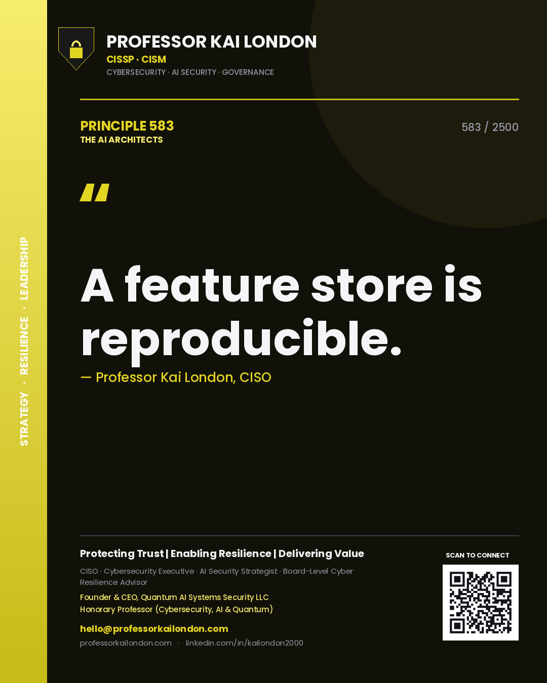 Quote card by Professor Kai London reading 'A feature store is reproducible.'. From the book The AI Architects.