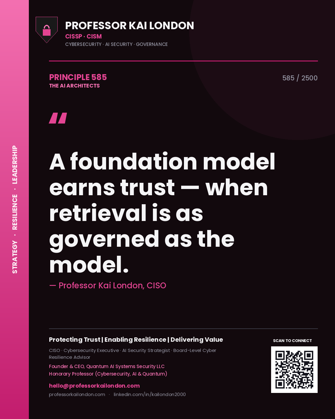 Quote card by Professor Kai London reading 'A foundation model earns trust — when retrieval is as governed as the model.'. From the book The AI Architects.