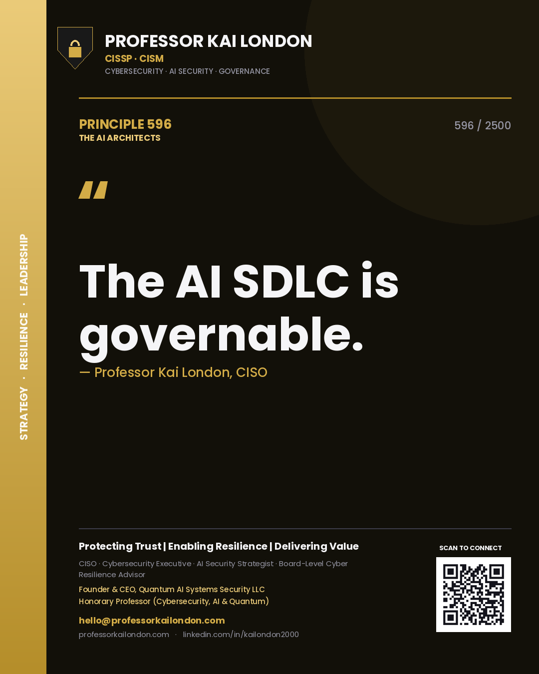 Quote card by Professor Kai London reading 'The AI SDLC is governable.'. From the book The AI Architects.
