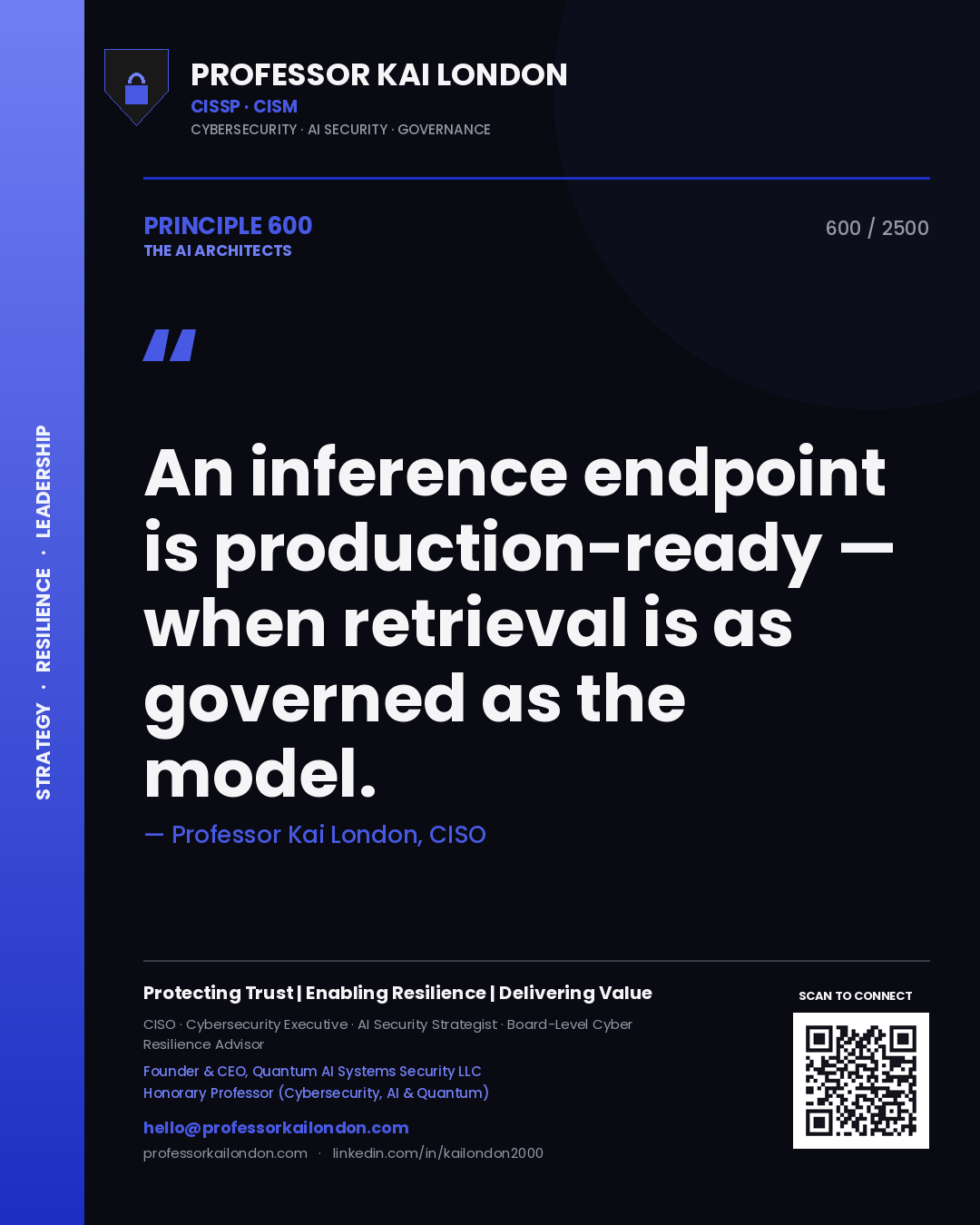 Quote card by Professor Kai London reading 'An inference endpoint is production-ready — when retrieval is as governed as the model.'. From the book The AI Architects.