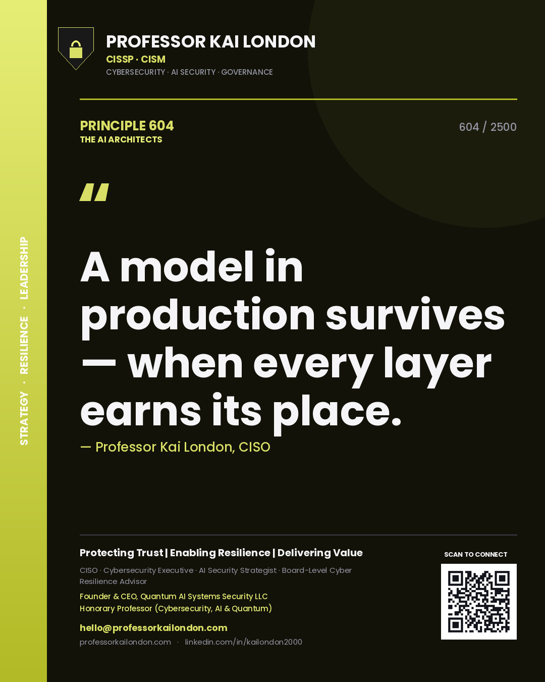 Professor Kai London principle 604: A model in production survives — when every layer earns its place.
