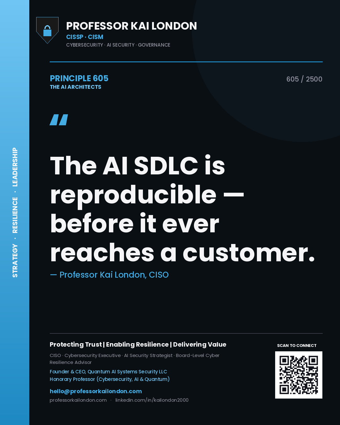 Professor Kai London principle 605: The AI SDLC is reproducible — before it ever reaches a customer.
