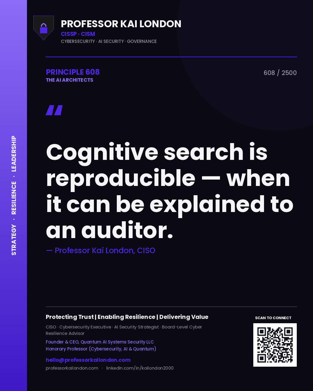 Quote card by Professor Kai London reading 'Cognitive search is reproducible — when it can be explained to an auditor.'. From the book The AI Architects.