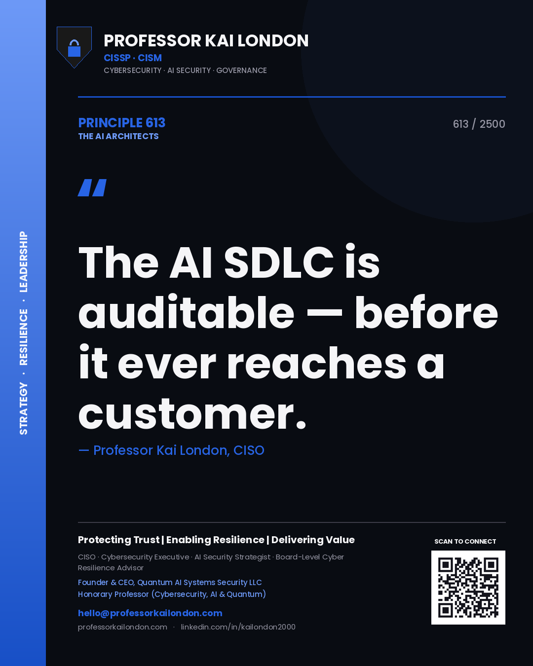 Quote card by Professor Kai London reading 'The AI SDLC is auditable — before it ever reaches a customer.'. From the book The AI Architects.