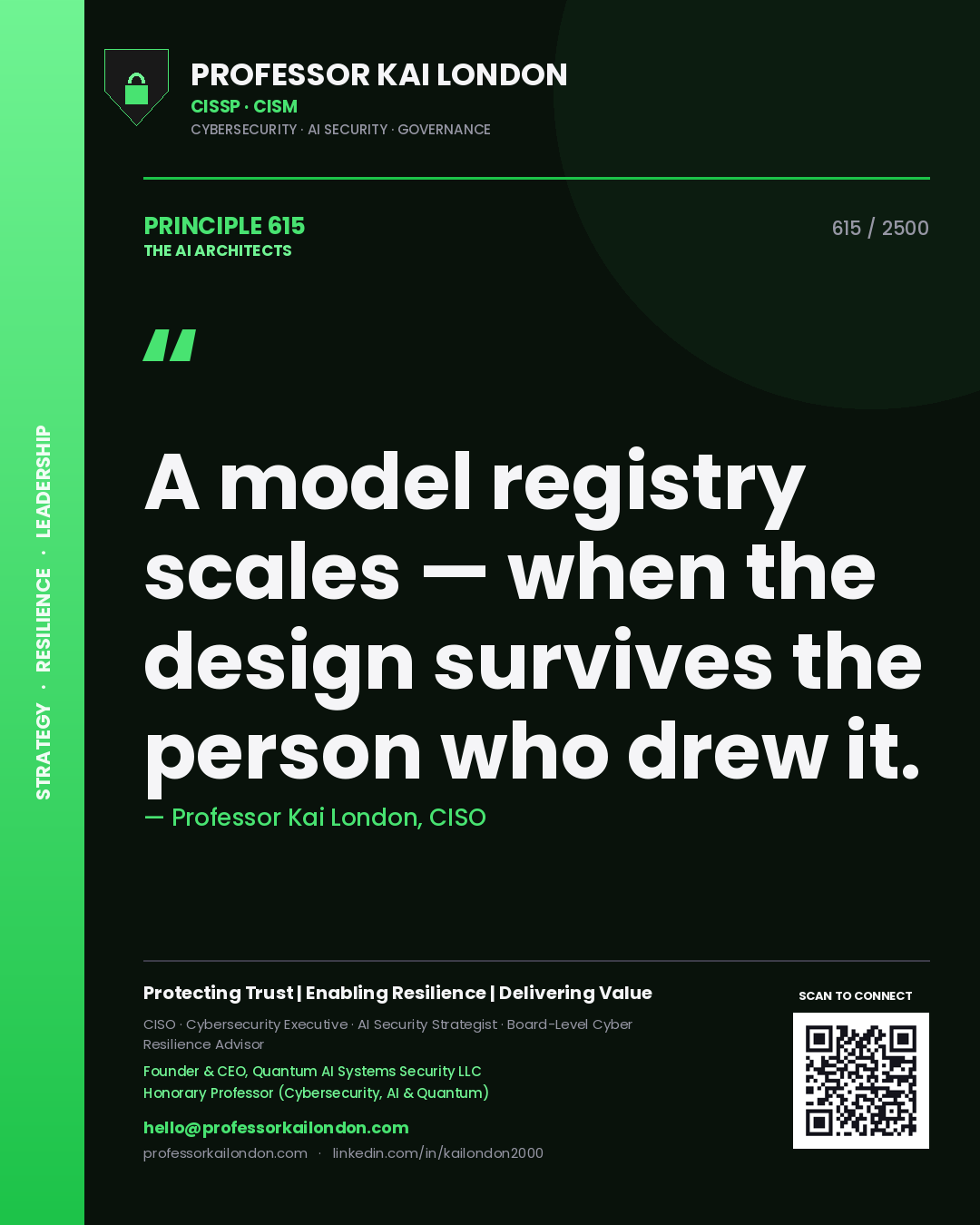 Professor Kai London principle 615: A model registry scales — when the design survives the person who drew it.