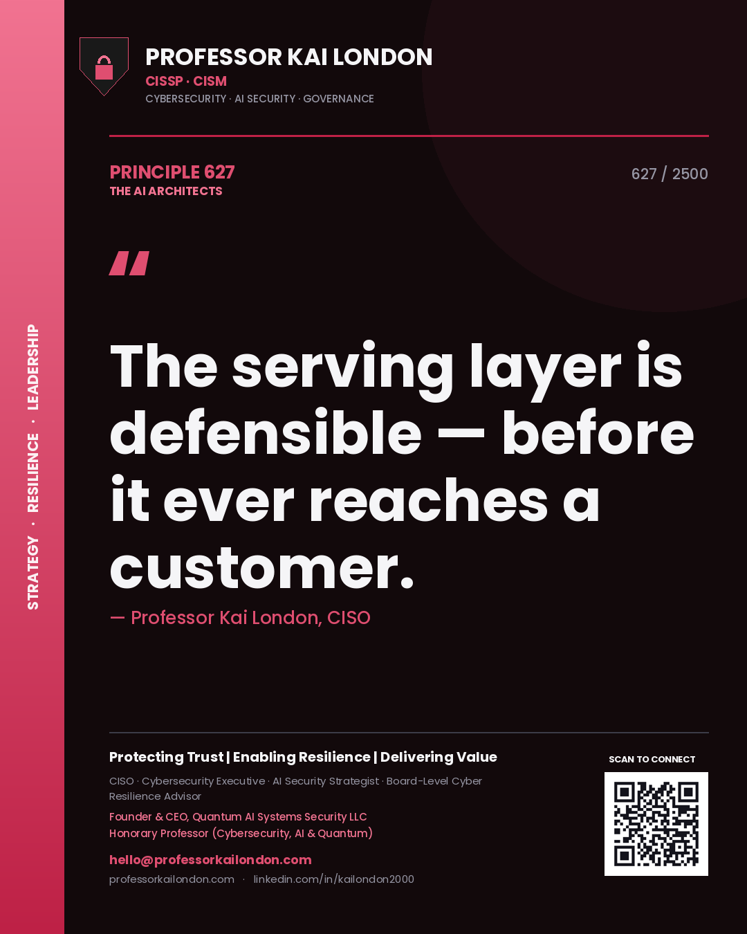 Professor Kai London principle 627: The serving layer is defensible — before it ever reaches a customer.
