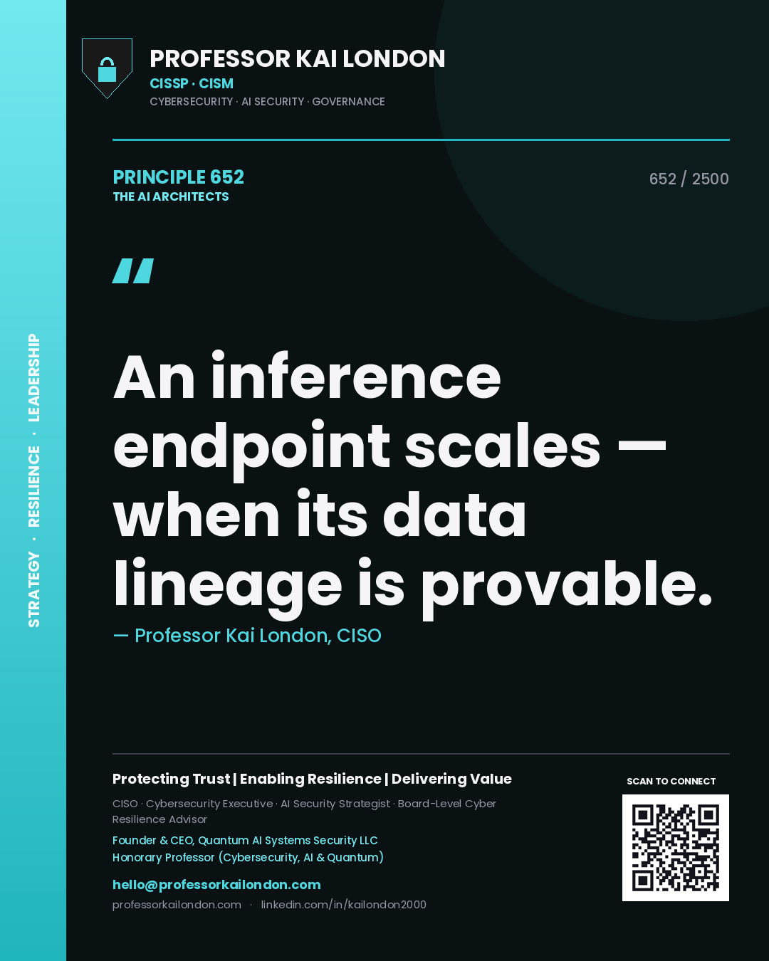 Quote card by Professor Kai London reading 'An inference endpoint scales — when its data lineage is provable.'. From the book The AI Architects.