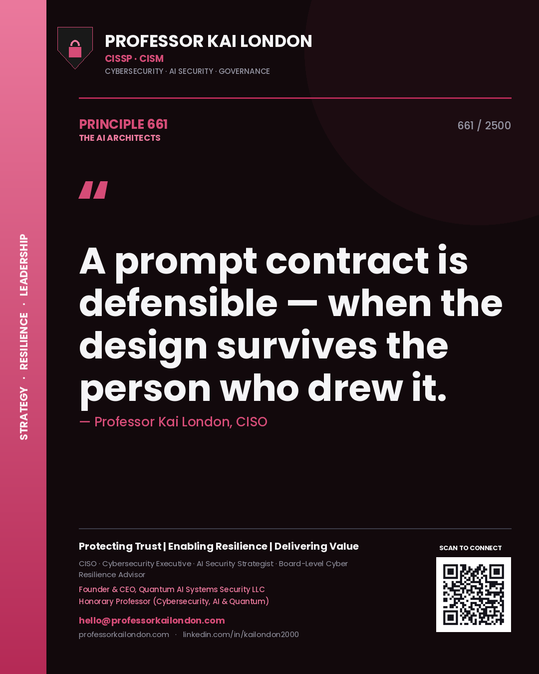 Professor Kai London principle 661: A prompt contract is defensible — when the design survives the person who drew it.