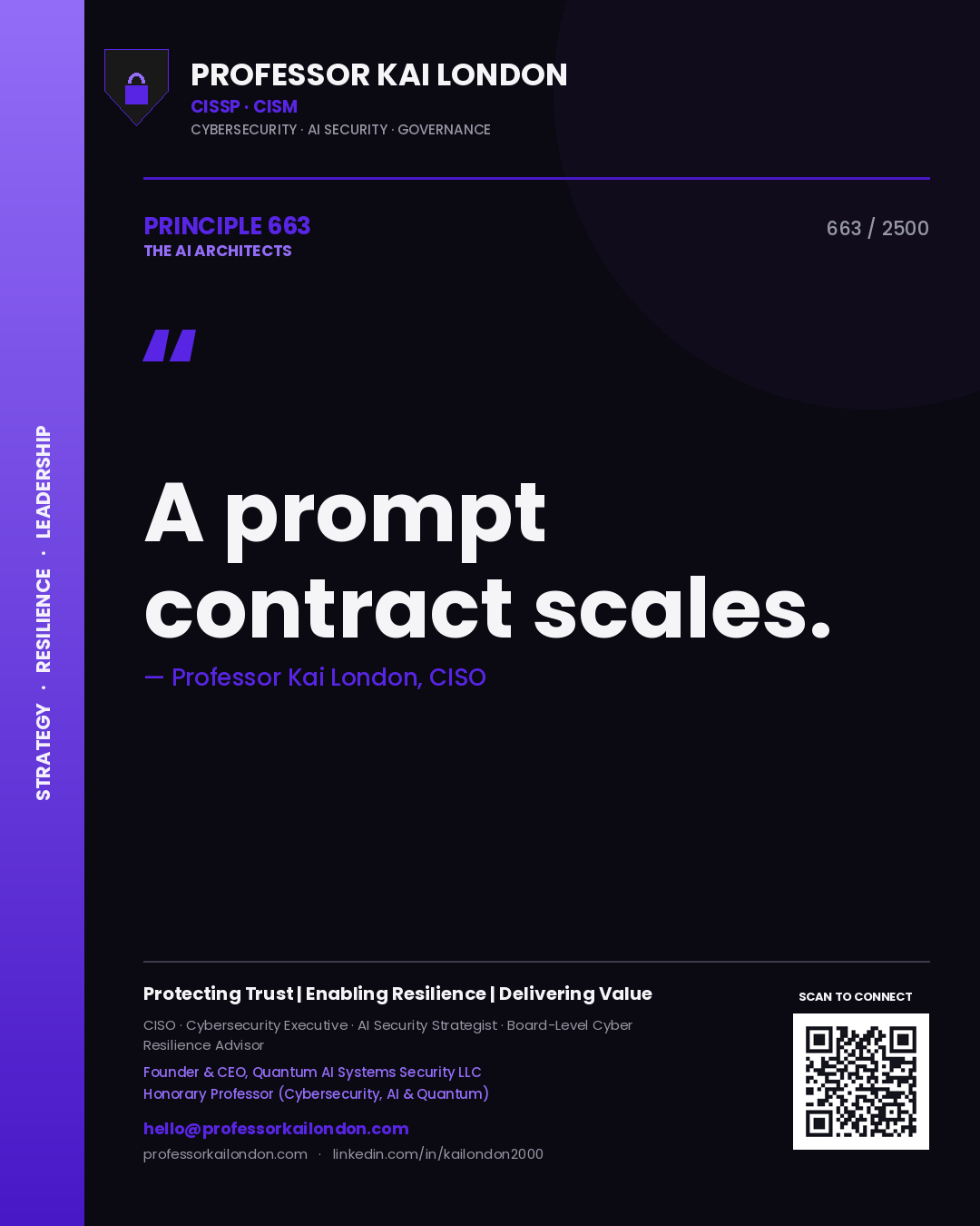 Quote card by Professor Kai London reading 'A prompt contract scales.'. From the book The AI Architects.