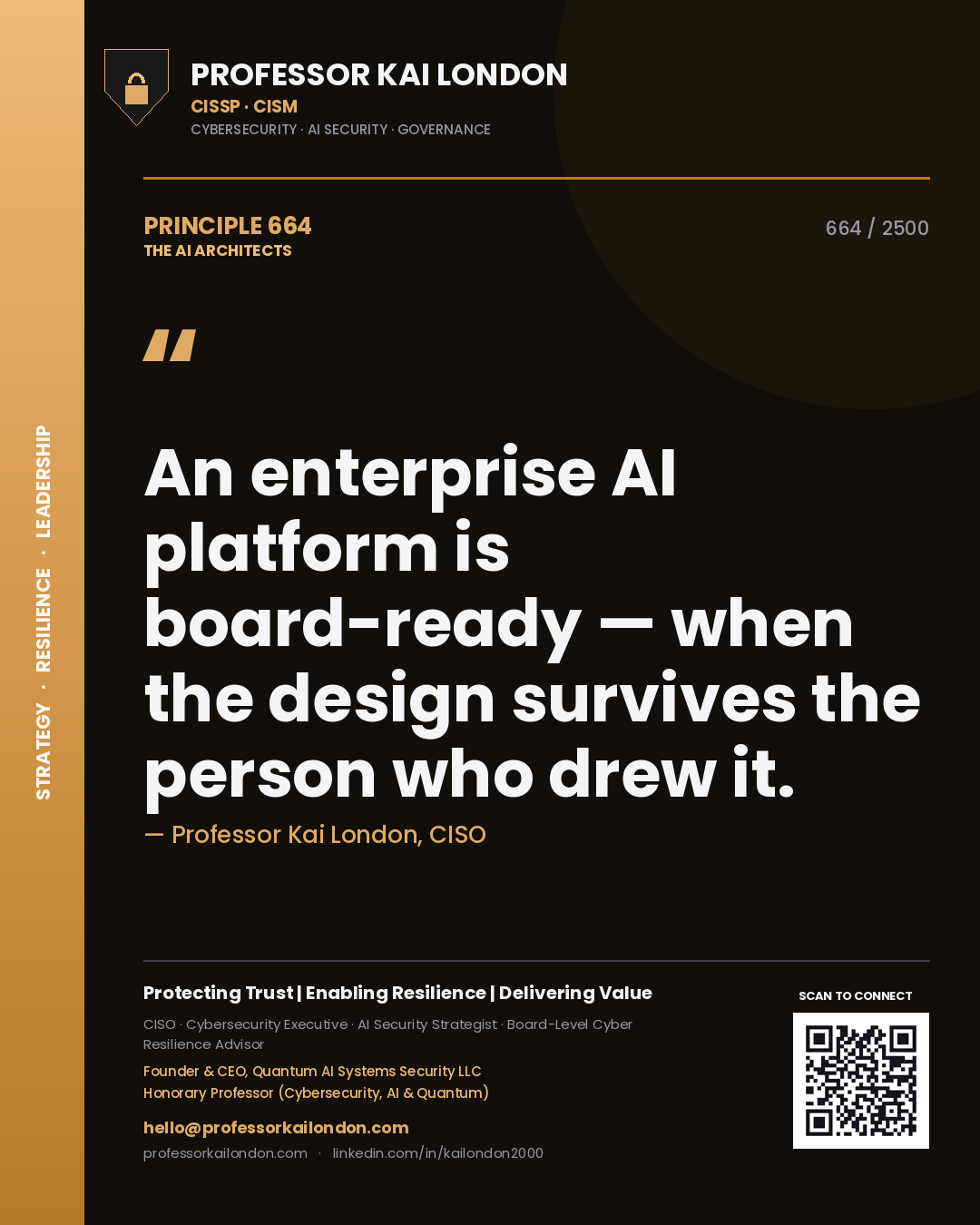 Professor Kai London principle 664: An enterprise AI platform is board-ready — when the design survives the person who drew it.
