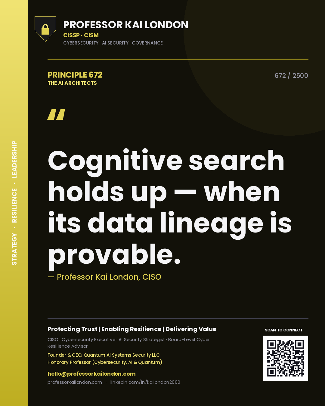 Professor Kai London principle 672: Cognitive search holds up — when its data lineage is provable.