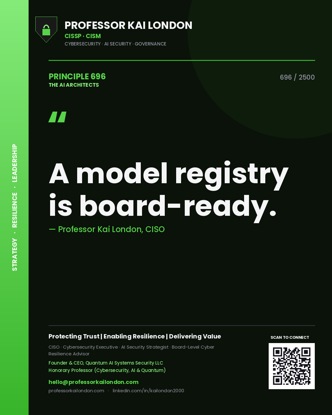 Quote card by Professor Kai London reading 'A model registry is board-ready.'. From the book The AI Architects.
