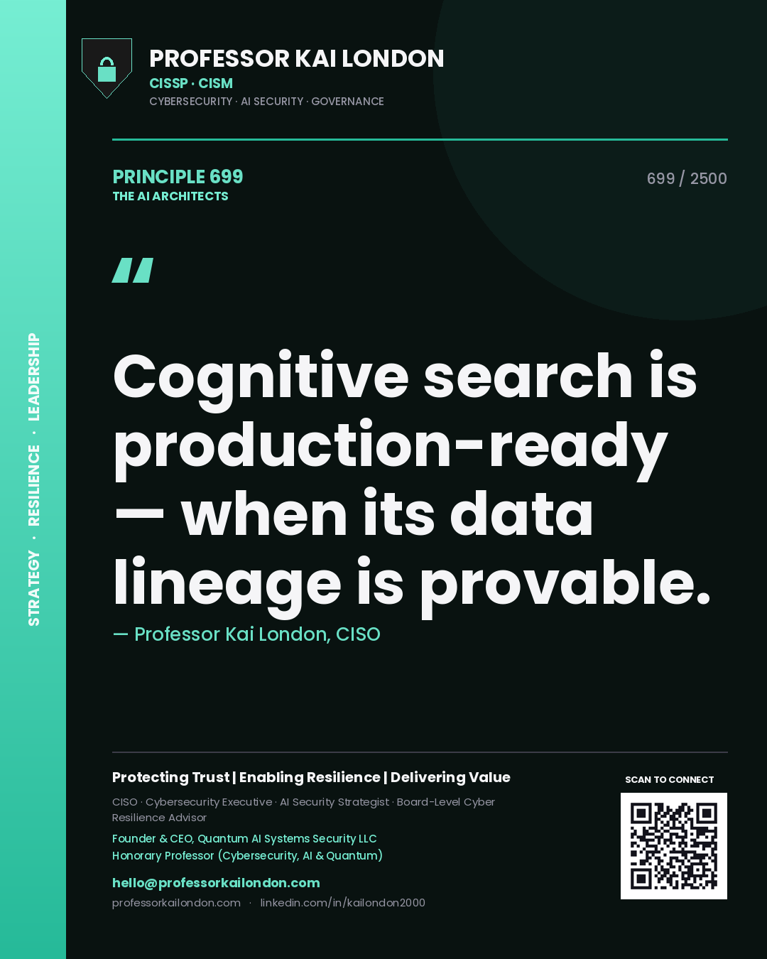 Professor Kai London principle 699: Cognitive search is production-ready — when its data lineage is provable.