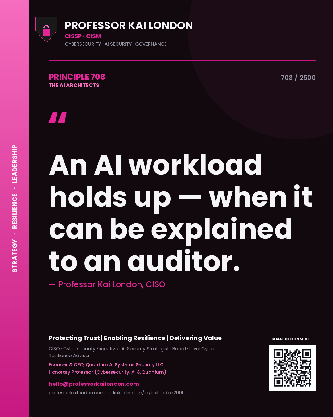 Professor Kai London principle 708: An AI workload holds up — when it can be explained to an auditor.
