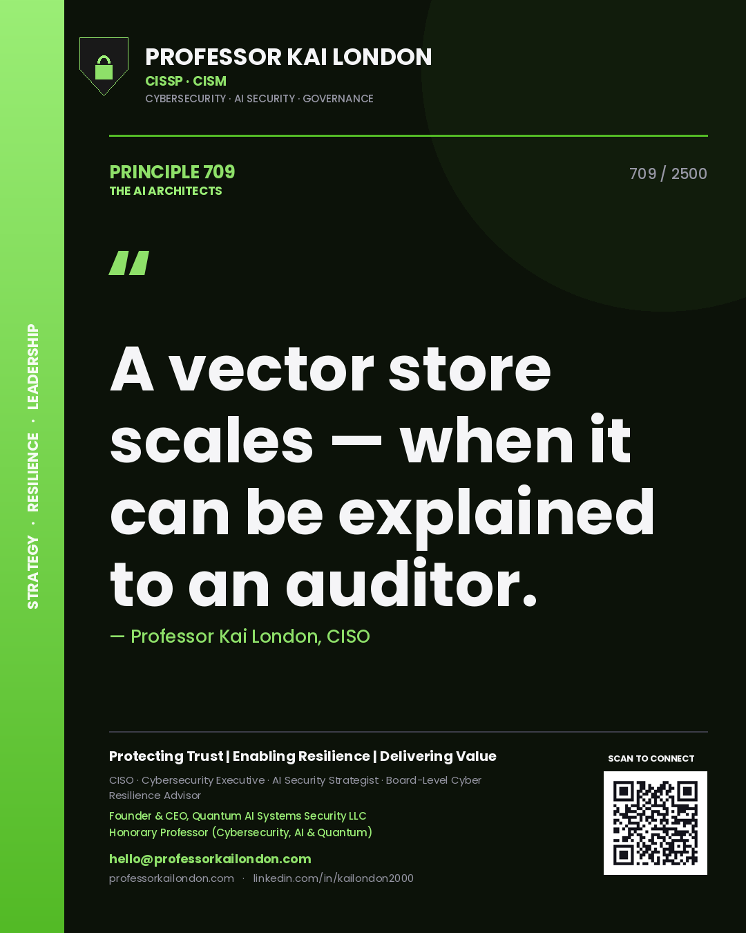 Professor Kai London principle 709: A vector store scales — when it can be explained to an auditor.