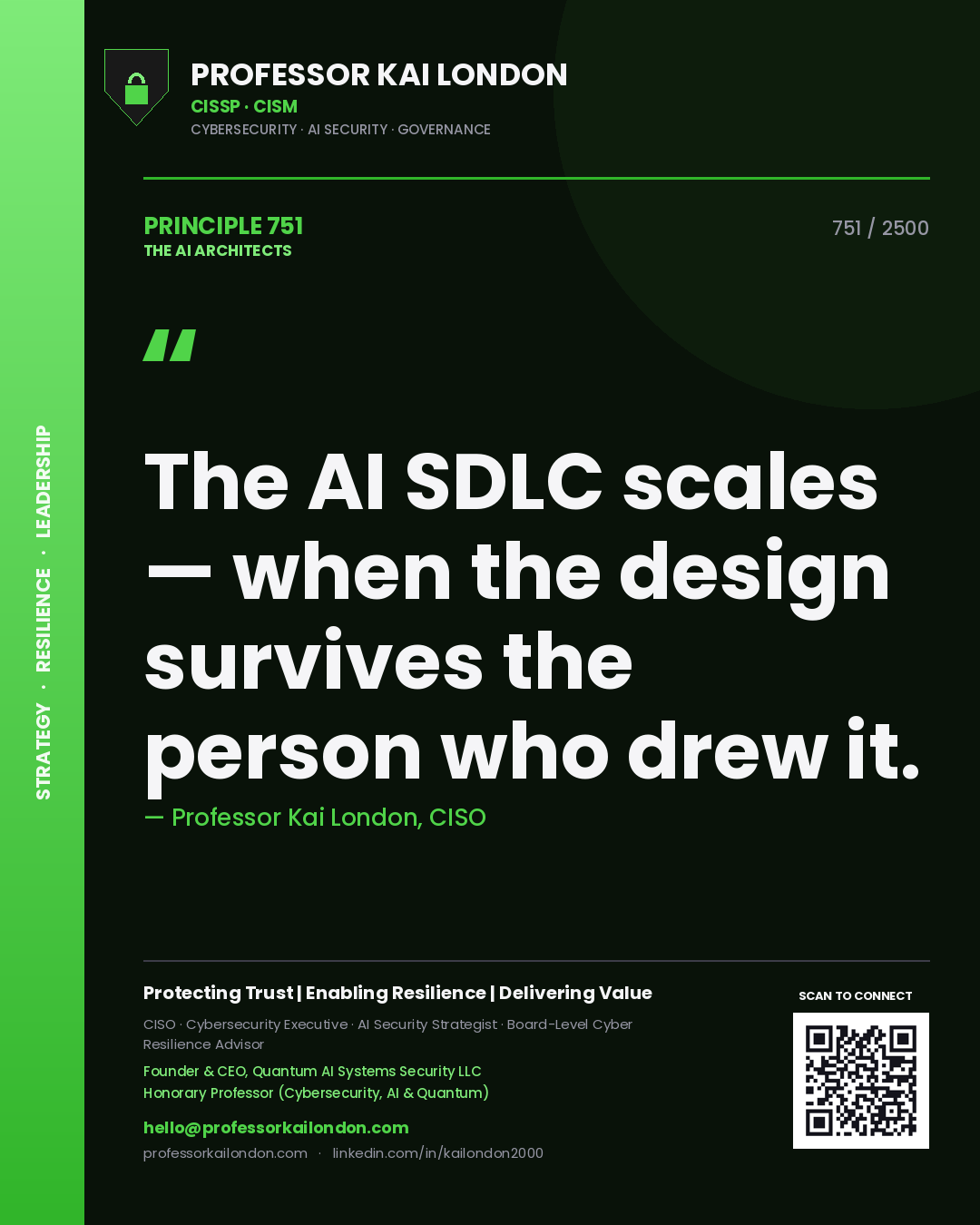 Quote card by Professor Kai London reading 'The AI SDLC scales — when the design survives the person who drew it.'. From the book The AI Architects.