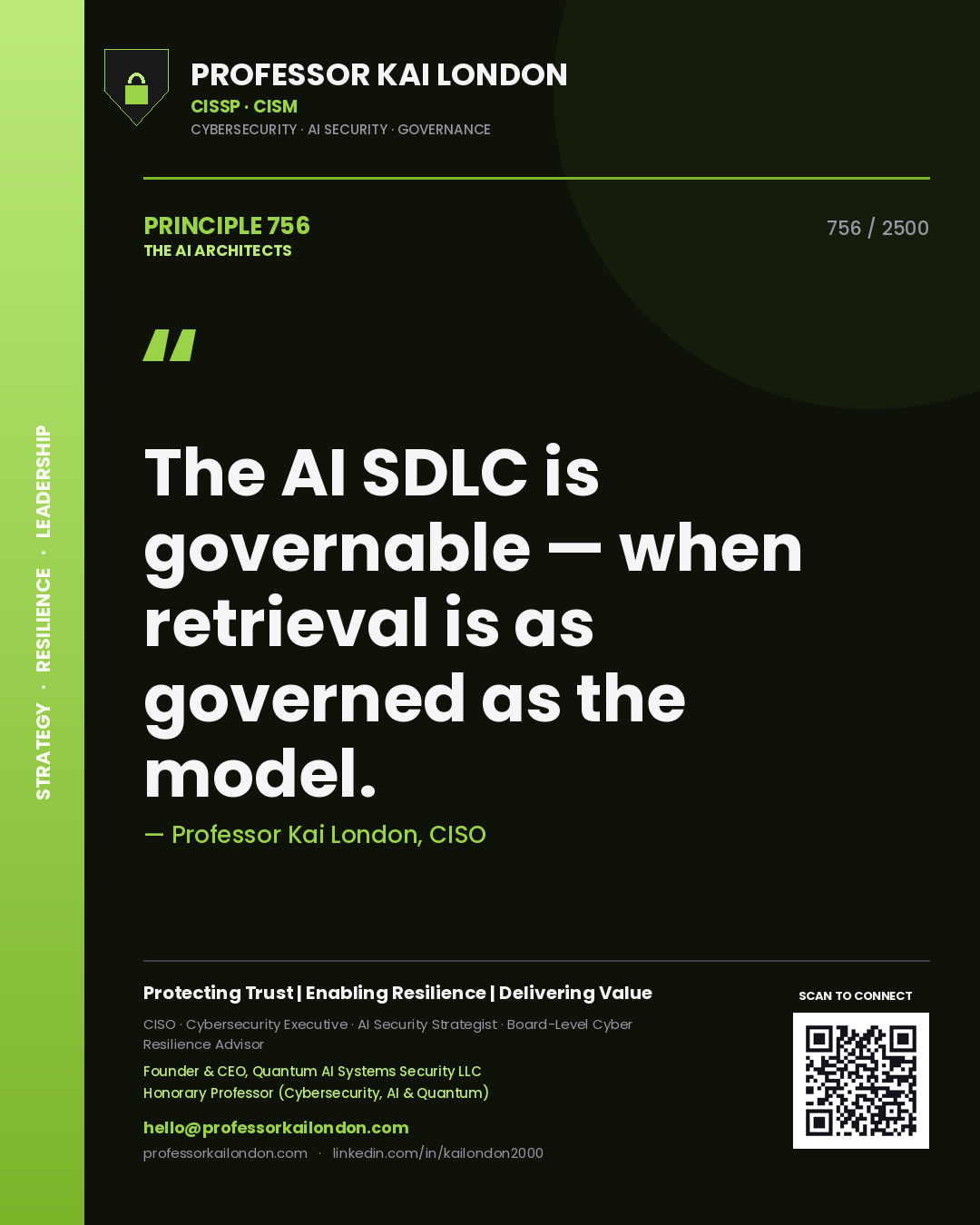 Quote card by Professor Kai London reading 'The AI SDLC is governable — when retrieval is as governed as the model.'. From the book The AI Architects.