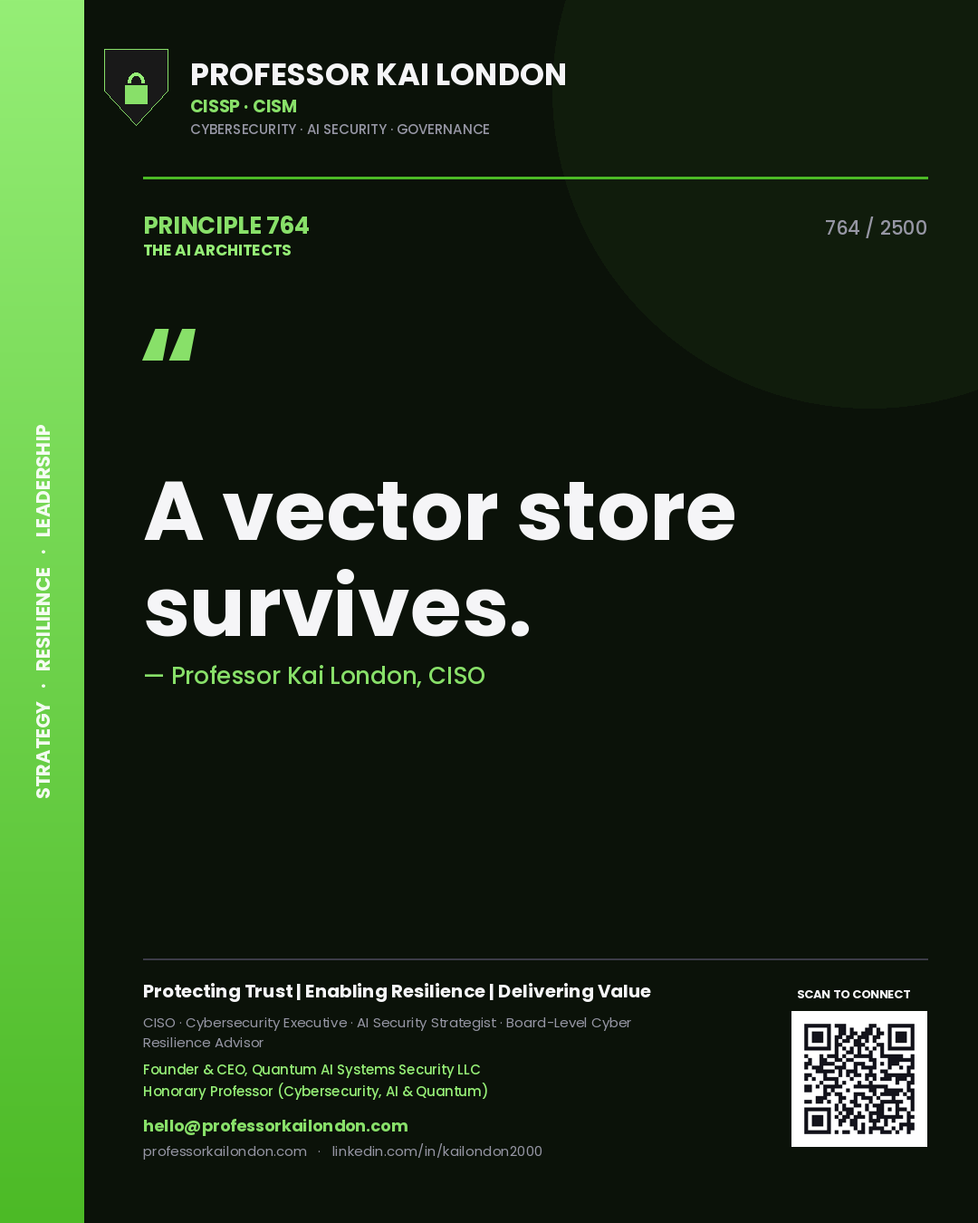 Quote card by Professor Kai London reading 'A vector store survives.'. From the book The AI Architects.