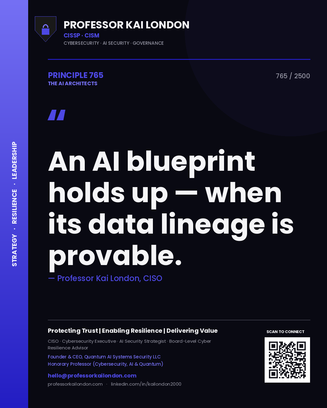 Quote card by Professor Kai London reading 'An AI blueprint holds up — when its data lineage is provable.'. From the book The AI Architects.