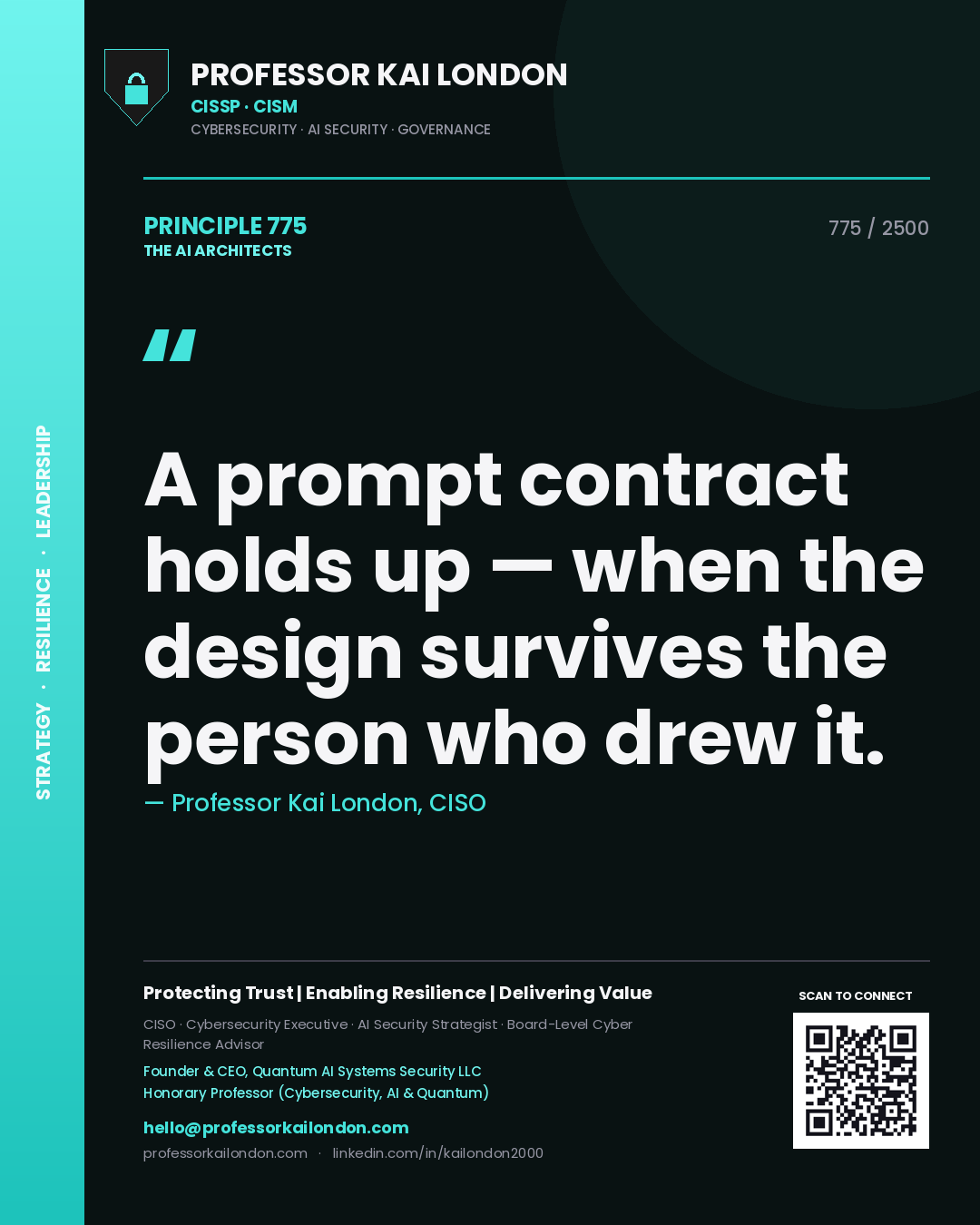 Professor Kai London principle 775: A prompt contract holds up — when the design survives the person who drew it.
